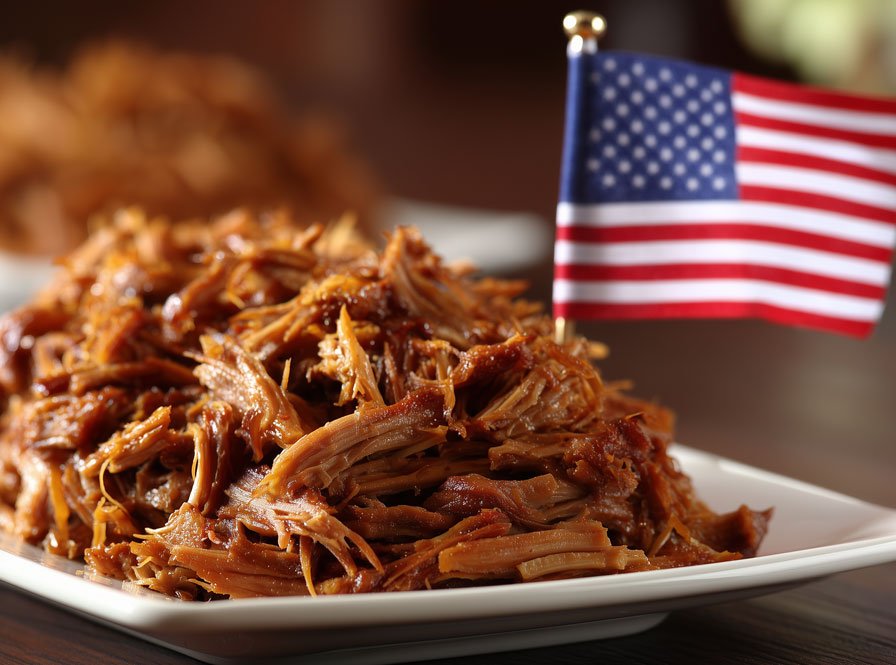 Une assiette de porc effiloché avec un petit drapeau américain