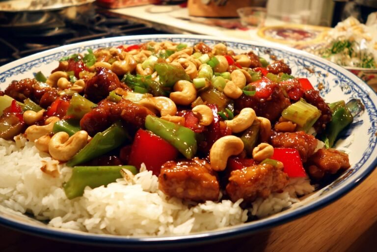 Une assiette de kung pao avec du riz