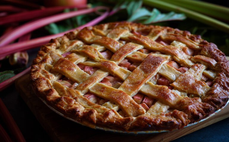Une tarte à la rhubarbe fraîchement cuite avec une croûte en treillis dorée
