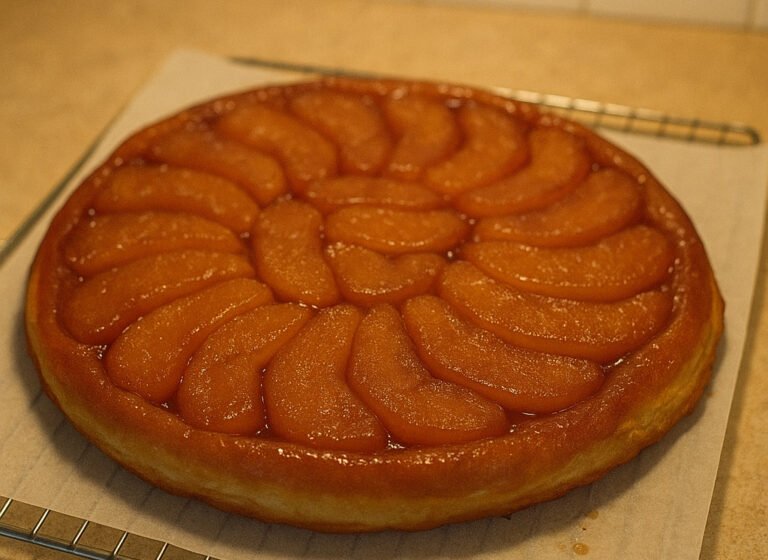 Une tarte Tatin cuite au four et garnie de tranches de pommes caramélisées