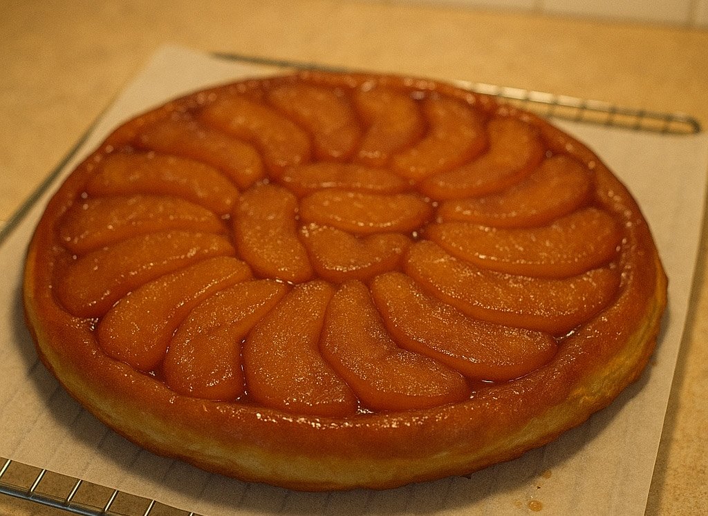 Une tarte Tatin cuite au four et garnie de tranches de pommes caramélisées